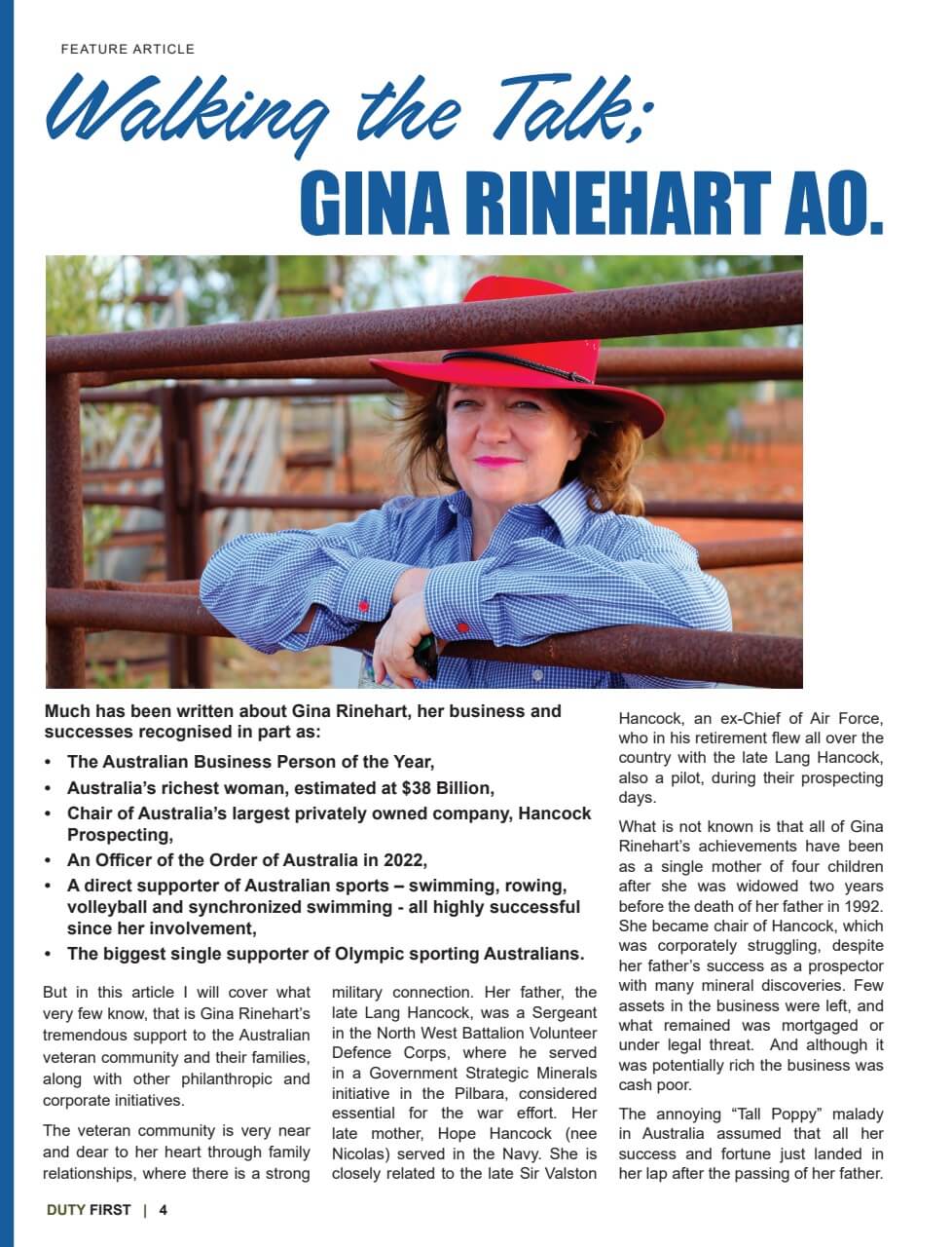 Walking the talk; Gina Rinehart AO | Duty First | The Regiments National Magazine.